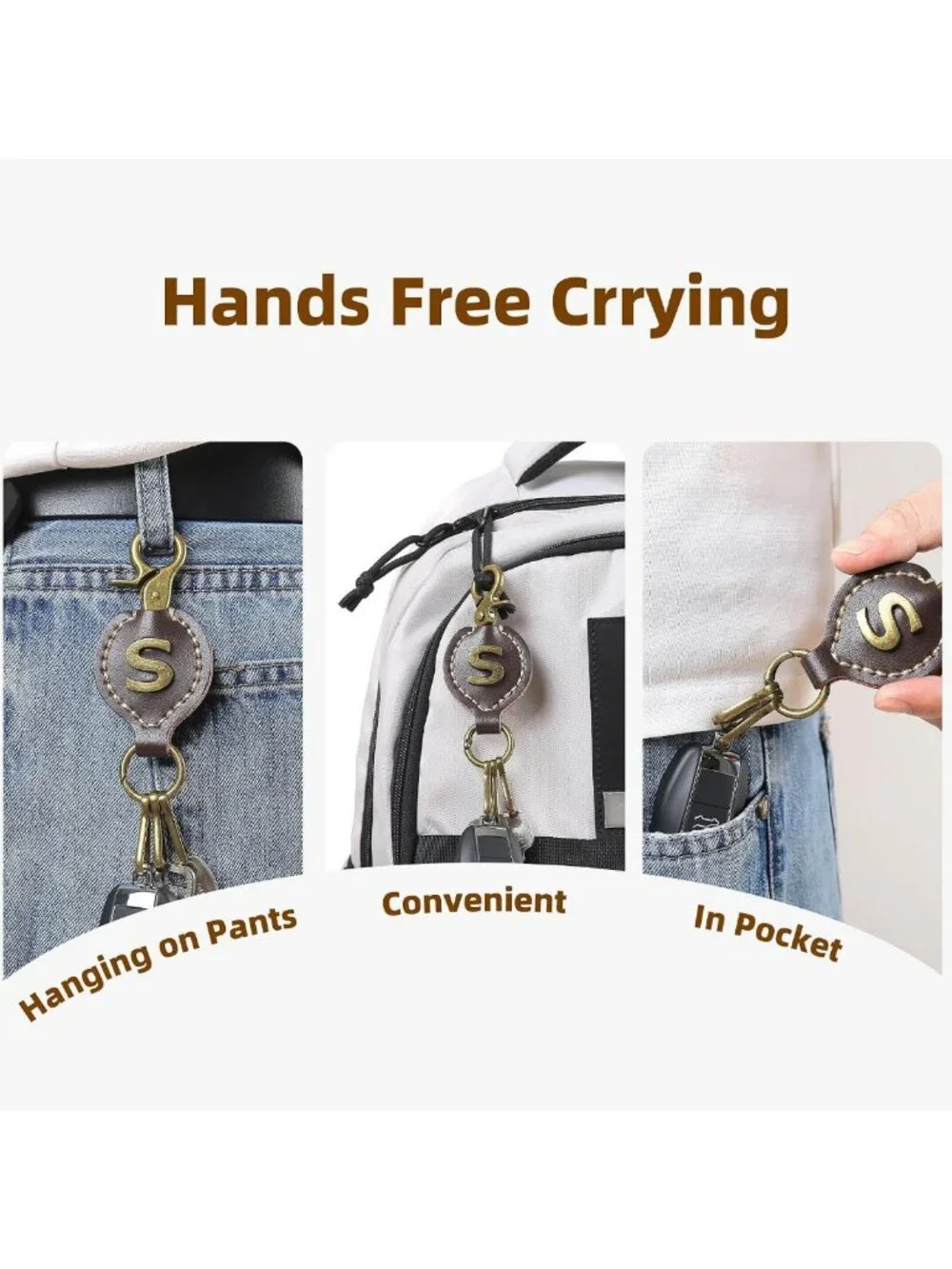 Personalized Brown Leather Initial Keychain with Easy Clasp - Perfect Gift for
